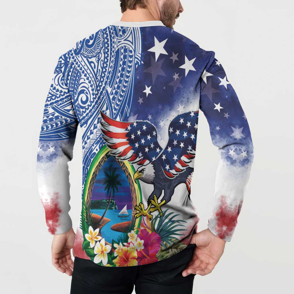 Guam and United States Together Button Sweatshirt Bald Eagle and Guam Seal with Flower and Tribal Tattoos - Polynesian Pride