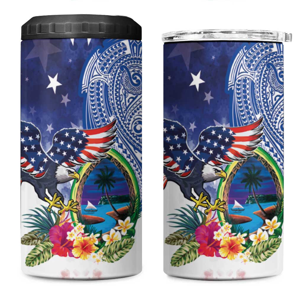 Guam and United States Together 4 in 1 Can Cooler Tumbler Bald Eagle and Guam Seal with Flower and Tribal Tattoos - Polynesian Pride