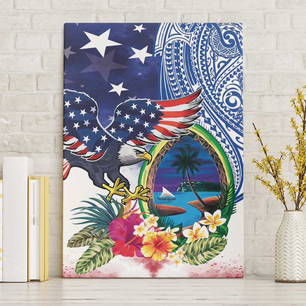 Guam and United States Together Canvas Wall Art Bald Eagle and Guam Seal with Flower and Tribal Tattoos - Polynesian Pride