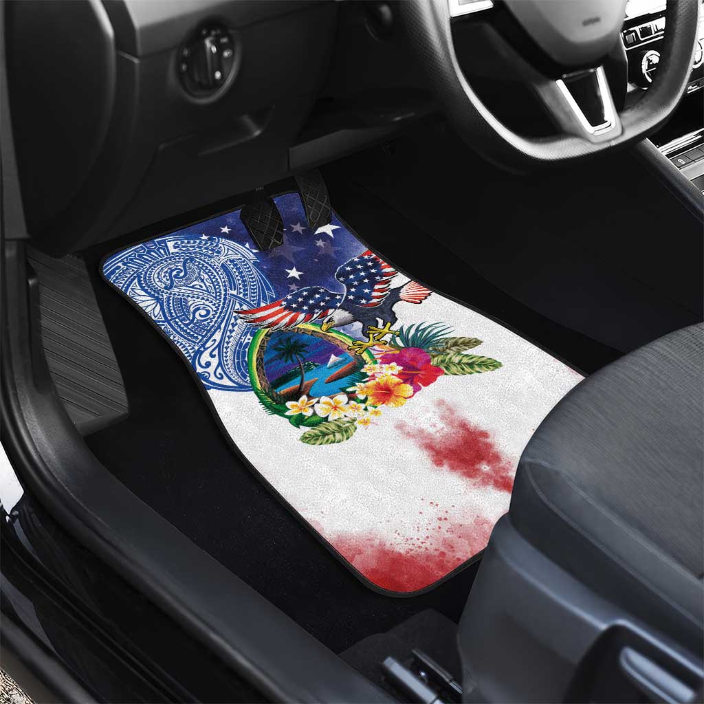 Guam and United States Together Car Mats Bald Eagle and Guam Seal with Flower and Tribal Tattoos - Polynesian Pride
