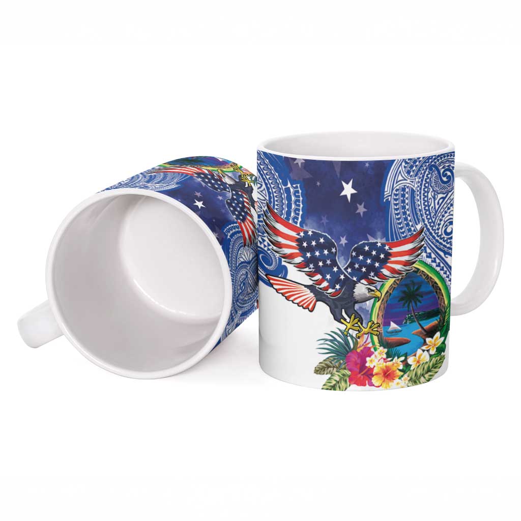 Guam and United States Together Ceramic Mug Bald Eagle and Guam Seal with Flower and Tribal Tattoos - Polynesian Pride