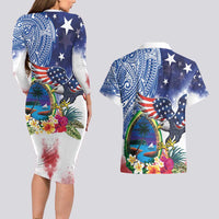 Guam and United States Together Couples Matching Long Sleeve Bodycon Dress and Hawaiian Shirt Bald Eagle and Guam Seal with Flower and Tribal Tattoos - Polynesian Pride
