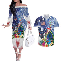 Guam and United States Together Couples Matching Off The Shoulder Long Sleeve Dress and Hawaiian Shirt Bald Eagle and Guam Seal with Flower and Tribal Tattoos - Polynesian Pride