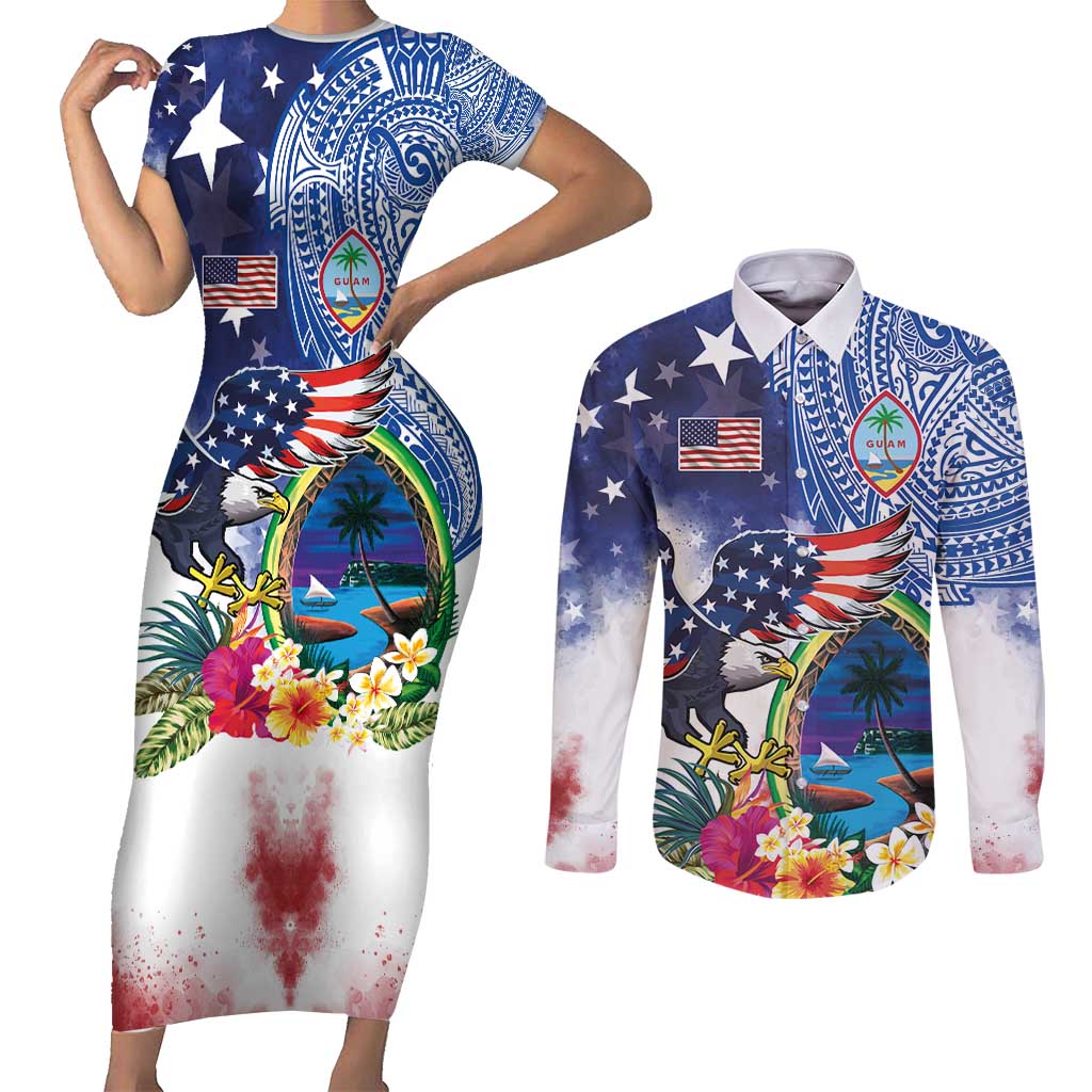Guam and United States Together Couples Matching Short Sleeve Bodycon Dress and Long Sleeve Button Shirt Bald Eagle and Guam Seal with Flower and Tribal Tattoos - Polynesian Pride