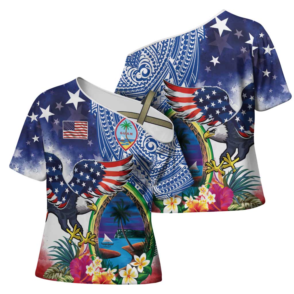 Guam and United States Together Cross Shoulder Shirt Bald Eagle and Guam Seal with Flower and Tribal Tattoos - Polynesian Pride