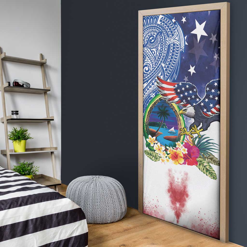 Guam and United States Together Door Cover Bald Eagle and Guam Seal with Flower and Tribal Tattoos - Polynesian Pride