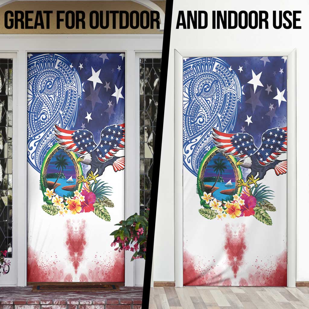 Guam and United States Together Door Cover Bald Eagle and Guam Seal with Flower and Tribal Tattoos - Polynesian Pride