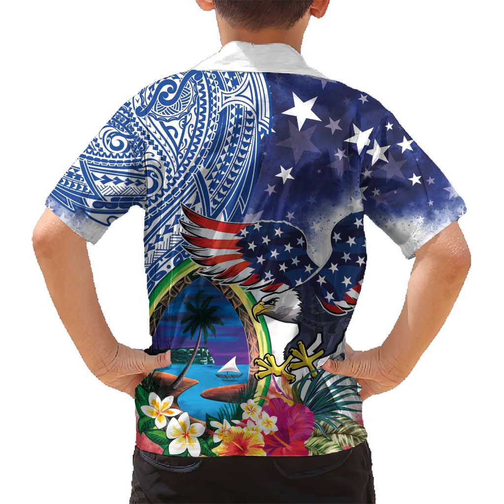 Guam and United States Together Family Matching Long Sleeve Bodycon Dress and Hawaiian Shirt Bald Eagle and Guam Seal with Flower and Tribal Tattoos - Polynesian Pride