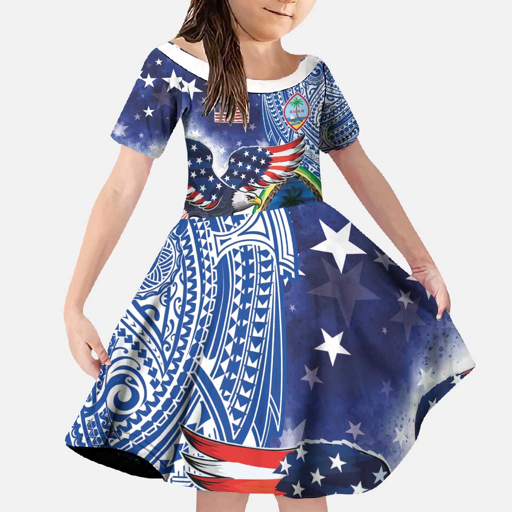 Guam and United States Together Family Matching Long Sleeve Bodycon Dress and Hawaiian Shirt Bald Eagle and Guam Seal with Flower and Tribal Tattoos - Polynesian Pride