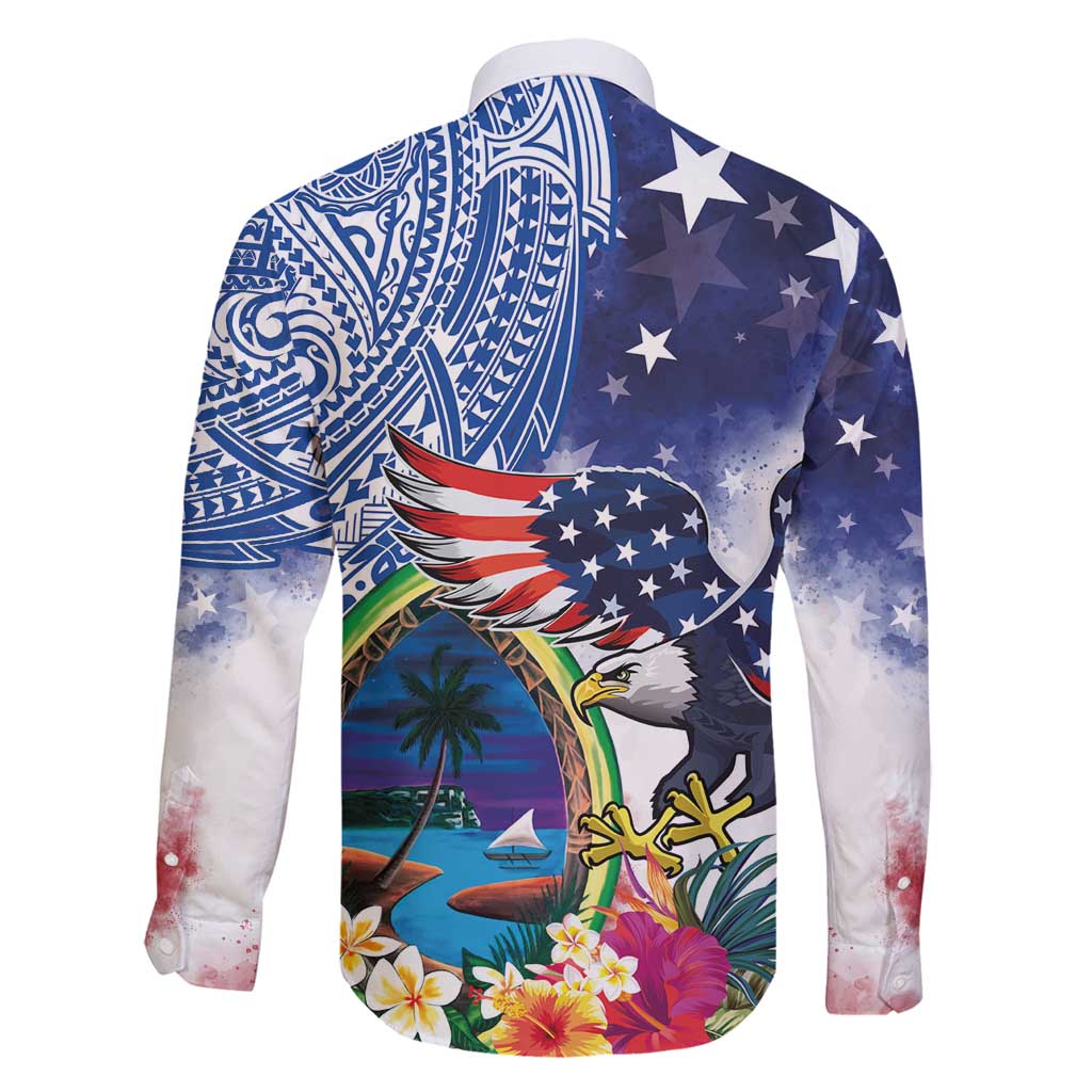 Guam and United States Together Family Matching Long Sleeve Bodycon Dress and Hawaiian Shirt Bald Eagle and Guam Seal with Flower and Tribal Tattoos - Polynesian Pride