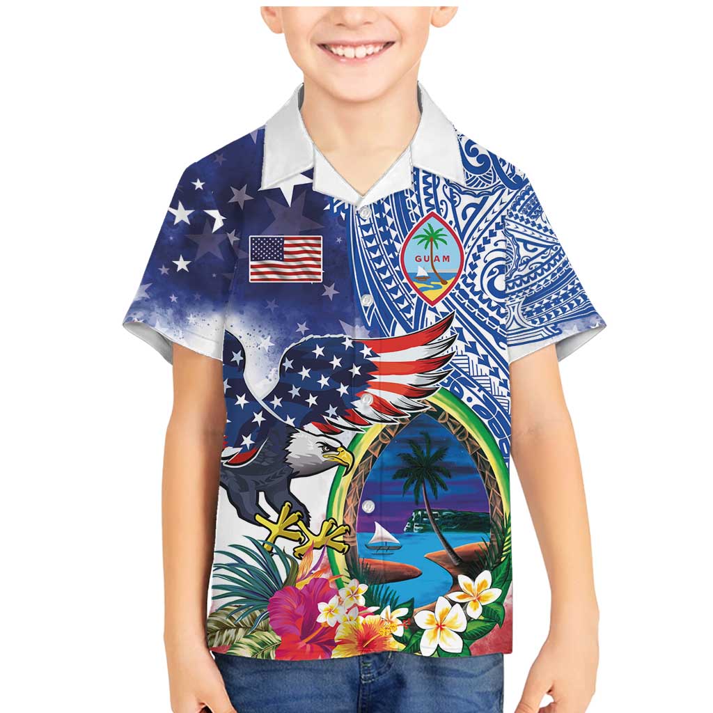 Guam and United States Together Family Matching Mermaid Dress and Hawaiian Shirt Bald Eagle and Guam Seal with Flower and Tribal Tattoos - Polynesian Pride