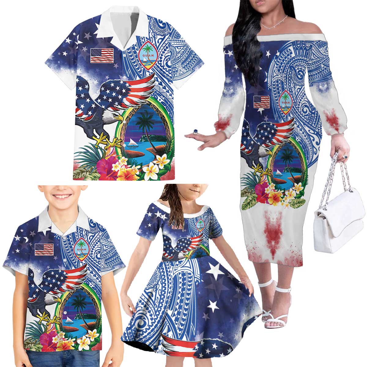Guam and United States Together Family Matching Off The Shoulder Long Sleeve Dress and Hawaiian Shirt Bald Eagle and Guam Seal with Flower and Tribal Tattoos - Polynesian Pride