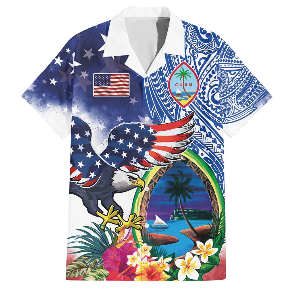 Guam and United States Together Family Matching Off Shoulder Maxi Dress and Hawaiian Shirt Bald Eagle and Guam Seal with Flower and Tribal Tattoos - Polynesian Pride