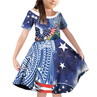 Guam and United States Together Family Matching Off Shoulder Short Dress and Hawaiian Shirt Bald Eagle and Guam Seal with Flower and Tribal Tattoos - Polynesian Pride