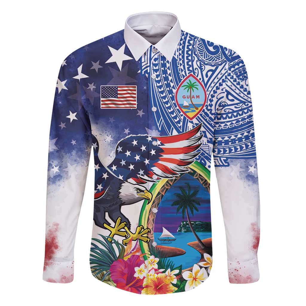 Guam and United States Together Family Matching Off Shoulder Short Dress and Hawaiian Shirt Bald Eagle and Guam Seal with Flower and Tribal Tattoos - Polynesian Pride