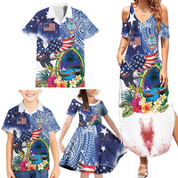 Guam and United States Together Family Matching Summer Maxi Dress and Hawaiian Shirt Bald Eagle and Guam Seal with Flower and Tribal Tattoos - Polynesian Pride
