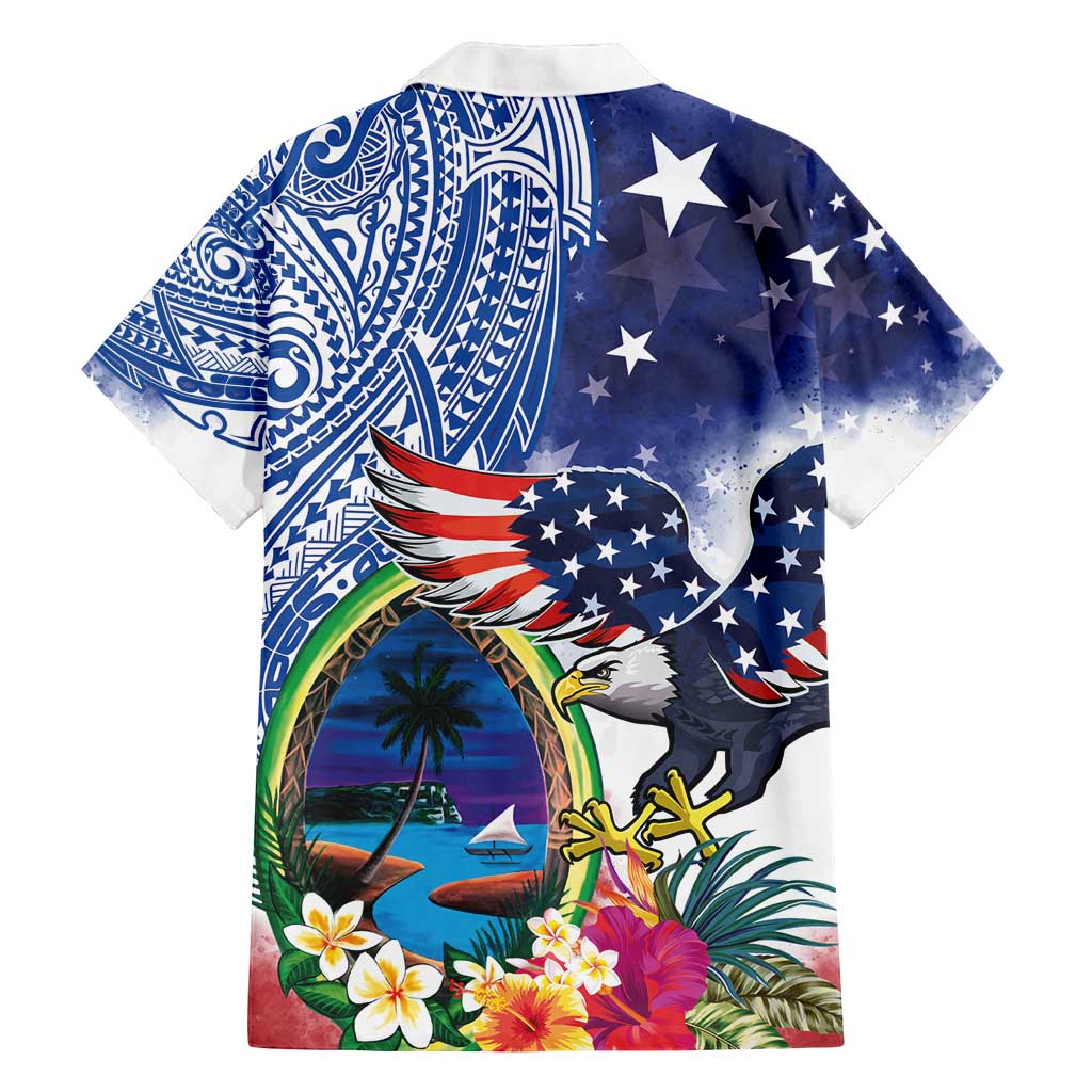 Guam and United States Together Family Matching Summer Maxi Dress and Hawaiian Shirt Bald Eagle and Guam Seal with Flower and Tribal Tattoos - Polynesian Pride