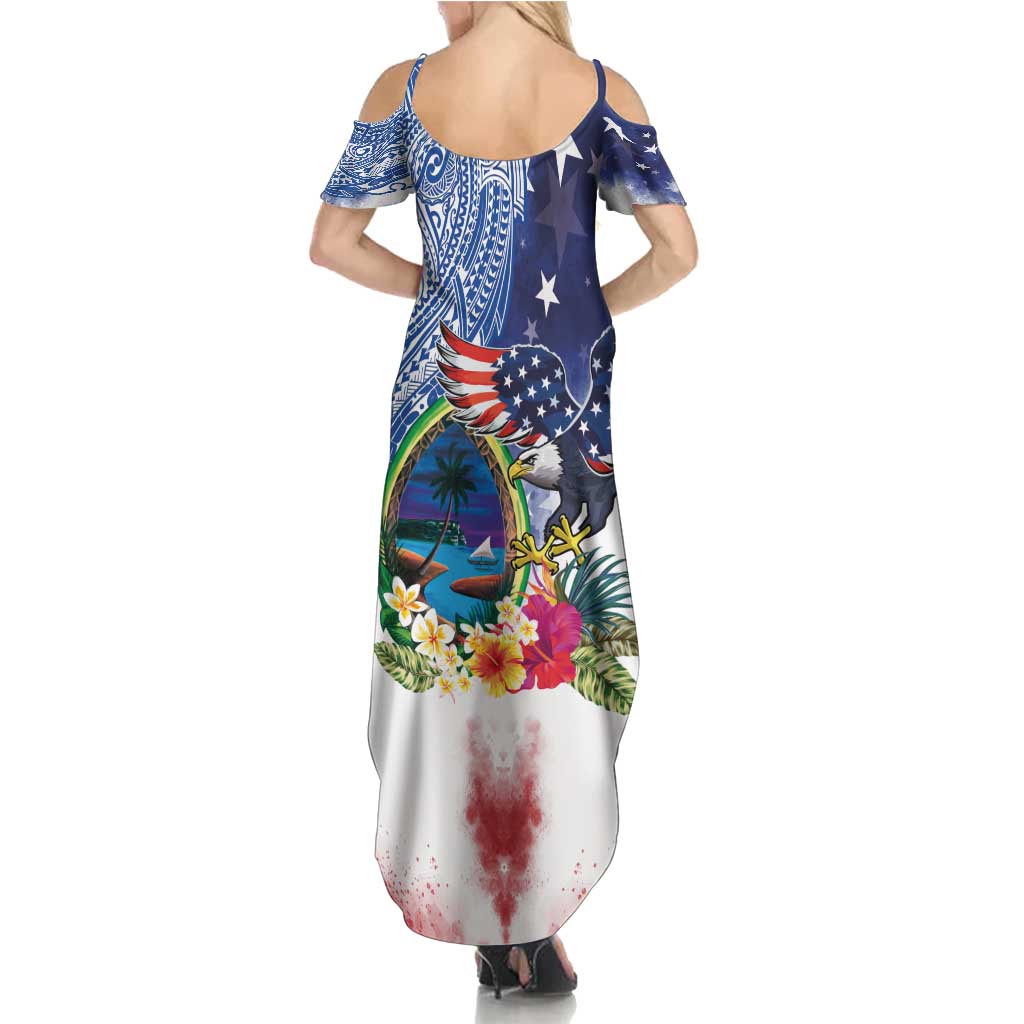 Guam and United States Together Family Matching Summer Maxi Dress and Hawaiian Shirt Bald Eagle and Guam Seal with Flower and Tribal Tattoos - Polynesian Pride