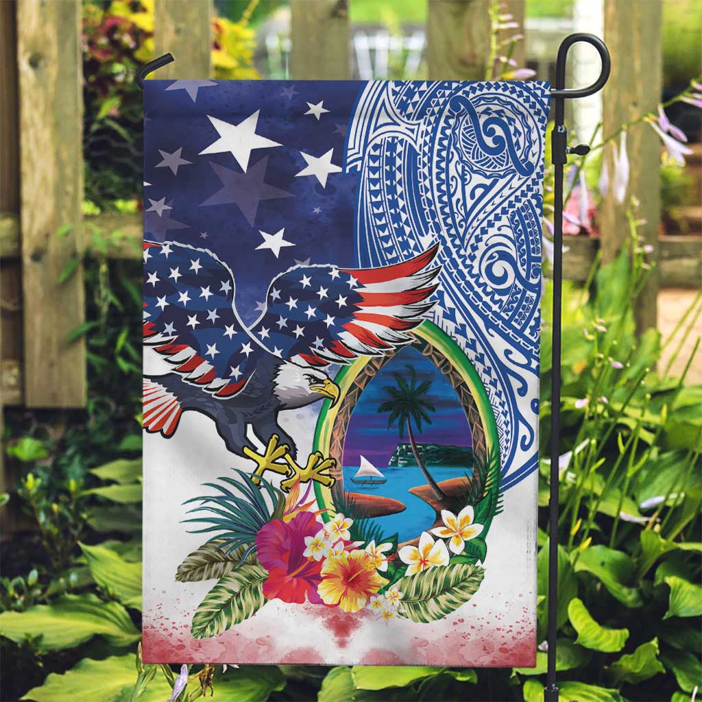 Guam and United States Together Garden Flag Bald Eagle and Guam Seal with Flower and Tribal Tattoos - Polynesian Pride