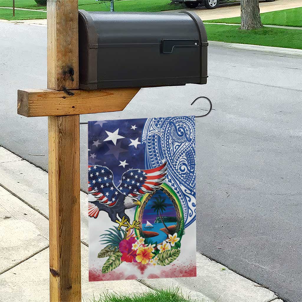 Guam and United States Together Garden Flag Bald Eagle and Guam Seal with Flower and Tribal Tattoos - Polynesian Pride