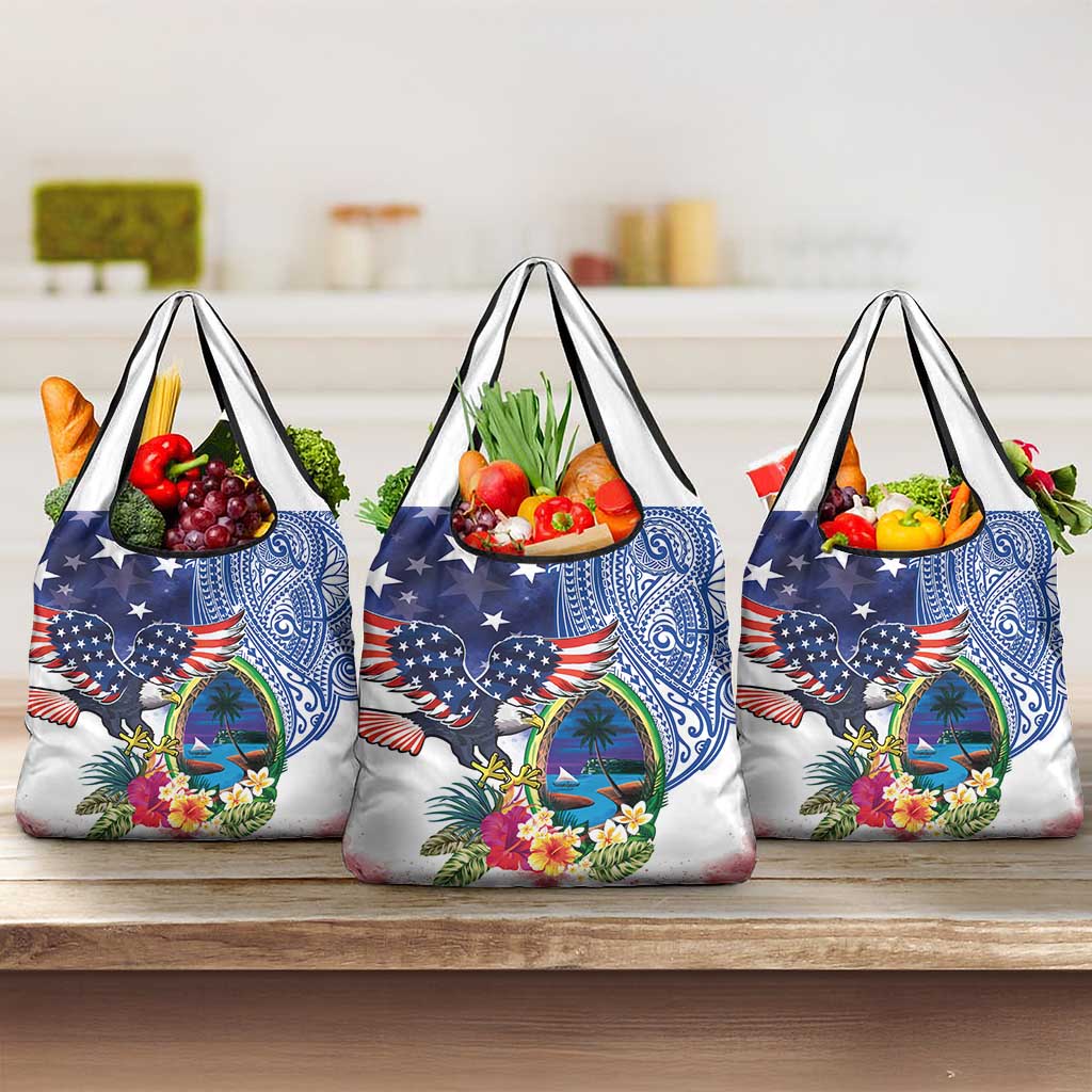 Guam and United States Together Grocery Bag Bald Eagle and Guam Seal with Flower and Tribal Tattoos - Polynesian Pride
