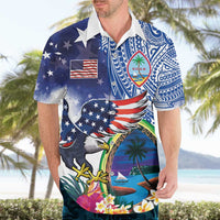 Guam and United States Together Hawaiian Shirt Bald Eagle and Guam Seal with Flower and Tribal Tattoos - Polynesian Pride