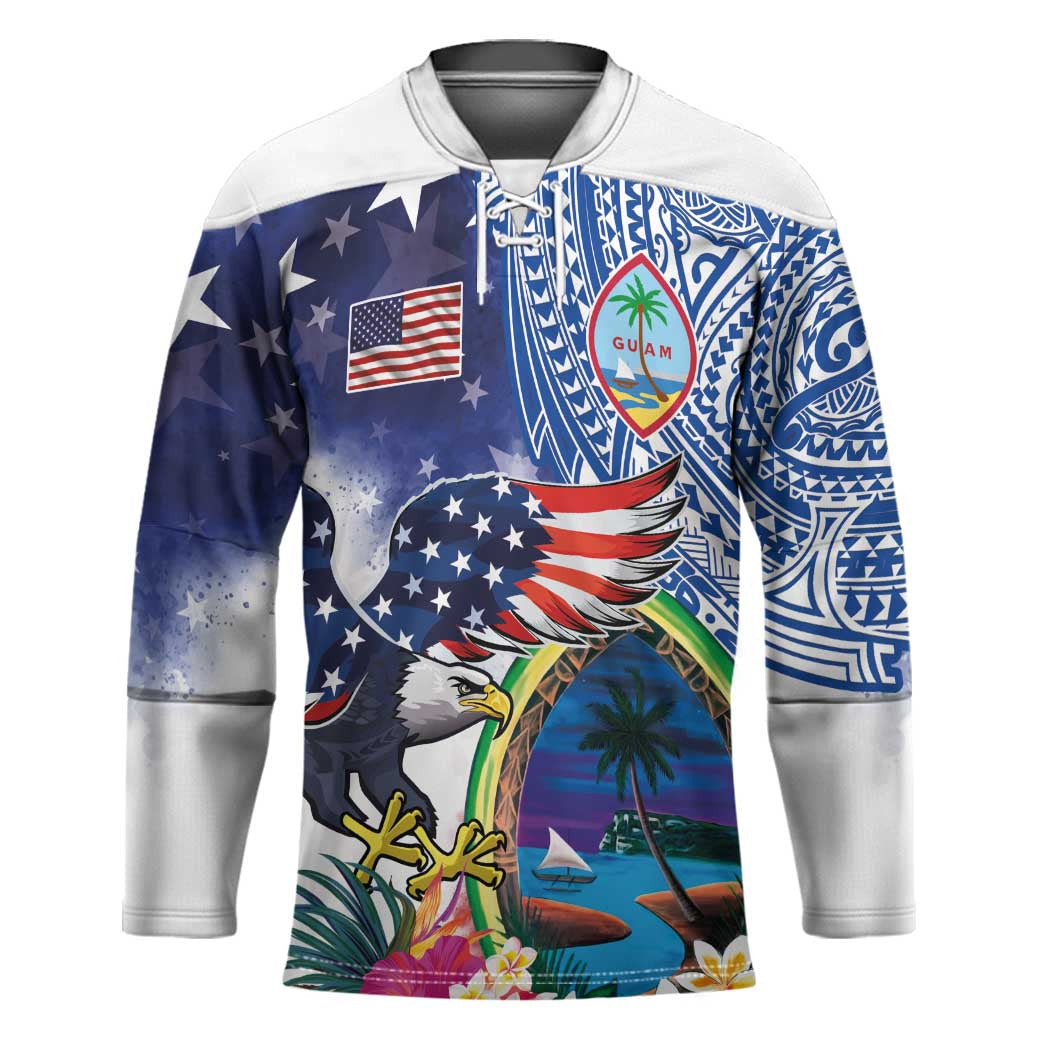 Guam and United States Together Hockey Jersey Bald Eagle and Guam Seal with Flower and Tribal Tattoos - Polynesian Pride