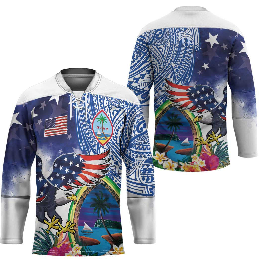 Guam and United States Together Hockey Jersey Bald Eagle and Guam Seal with Flower and Tribal Tattoos - Polynesian Pride