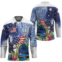 Guam and United States Together Hockey Jersey Bald Eagle and Guam Seal with Flower and Tribal Tattoos - Polynesian Pride