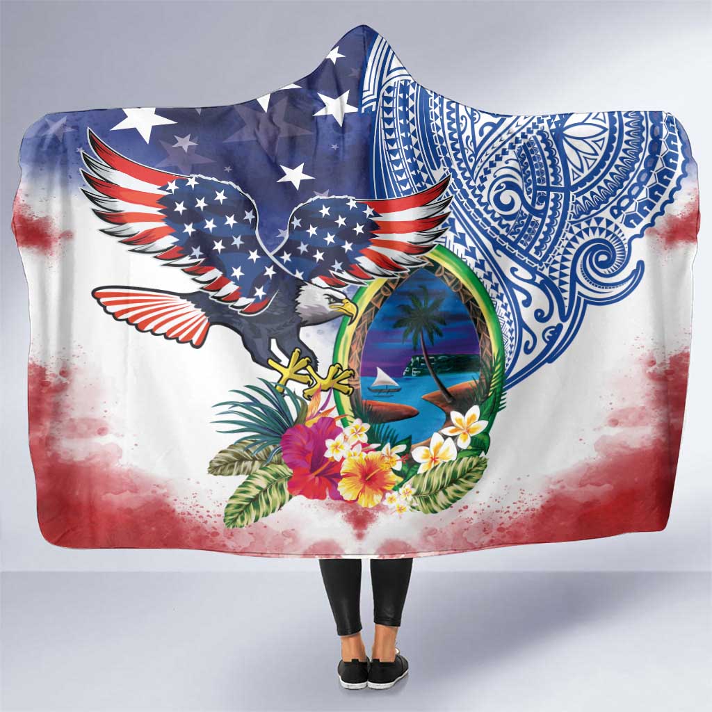 Guam and United States Together Hooded Blanket Bald Eagle and Guam Seal with Flower and Tribal Tattoos - Polynesian Pride