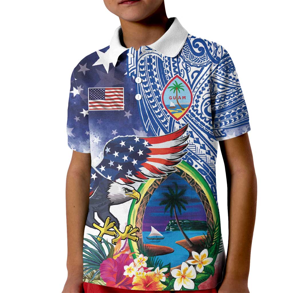 Guam and United States Together Kid Polo Shirt Bald Eagle and Guam Seal with Flower and Tribal Tattoos - Polynesian Pride
