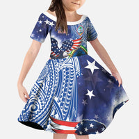 Guam and United States Together Kid Short Sleeve Dress Bald Eagle and Guam Seal with Flower and Tribal Tattoos - Polynesian Pride