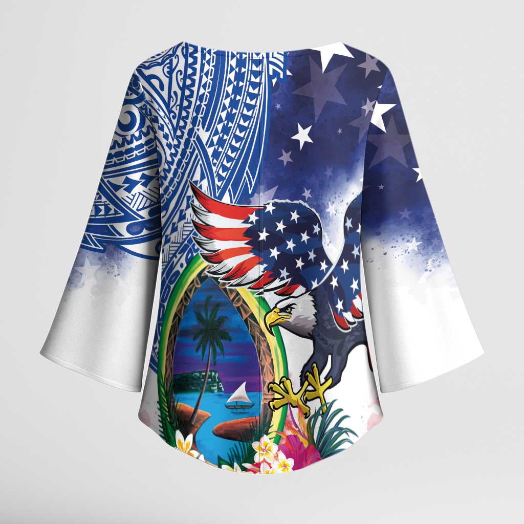 Guam and United States Together Kimono Sleeve Blouse Bald Eagle and Guam Seal with Flower and Tribal Tattoos - Polynesian Pride