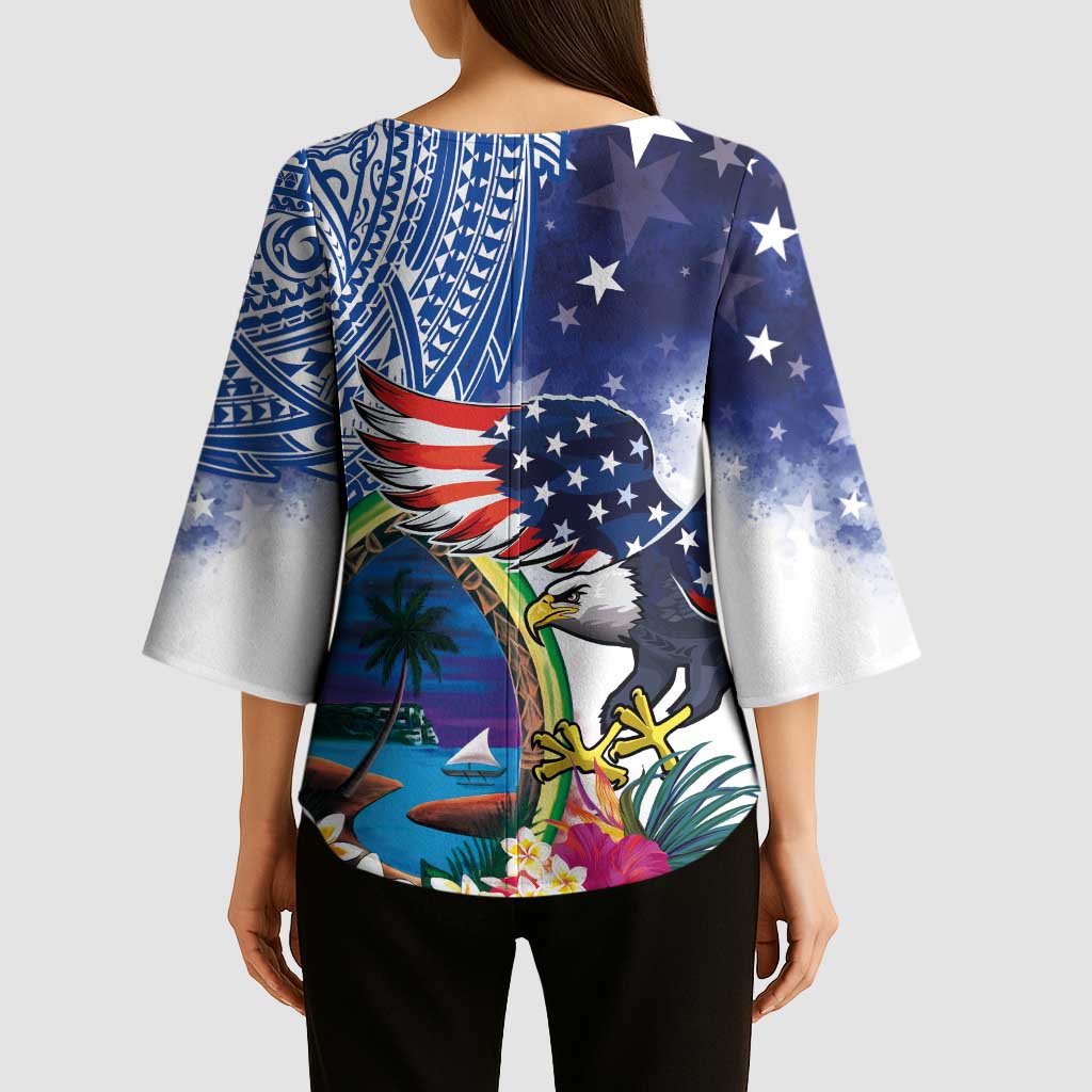 Guam and United States Together Kimono Sleeve Blouse Bald Eagle and Guam Seal with Flower and Tribal Tattoos - Polynesian Pride