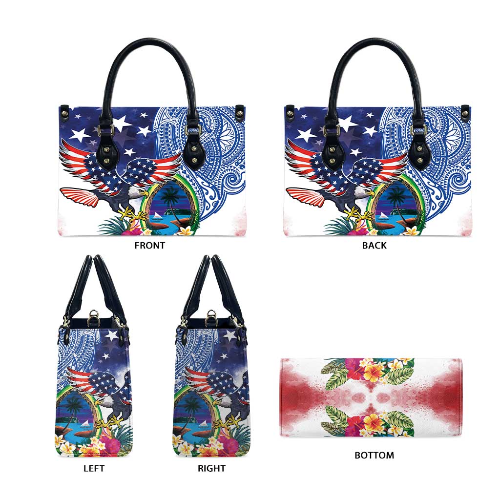 Guam and United States Together Leather Bag Bald Eagle and Guam Seal with Flower and Tribal Tattoos - Polynesian Pride