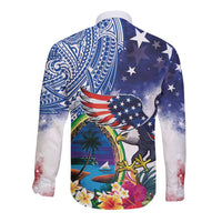 Guam and United States Together Long Sleeve Button Shirt Bald Eagle and Guam Seal with Flower and Tribal Tattoos - Polynesian Pride
