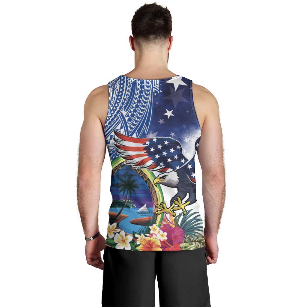 Guam and United States Together Men Tank Top Bald Eagle and Guam Seal with Flower and Tribal Tattoos - Polynesian Pride