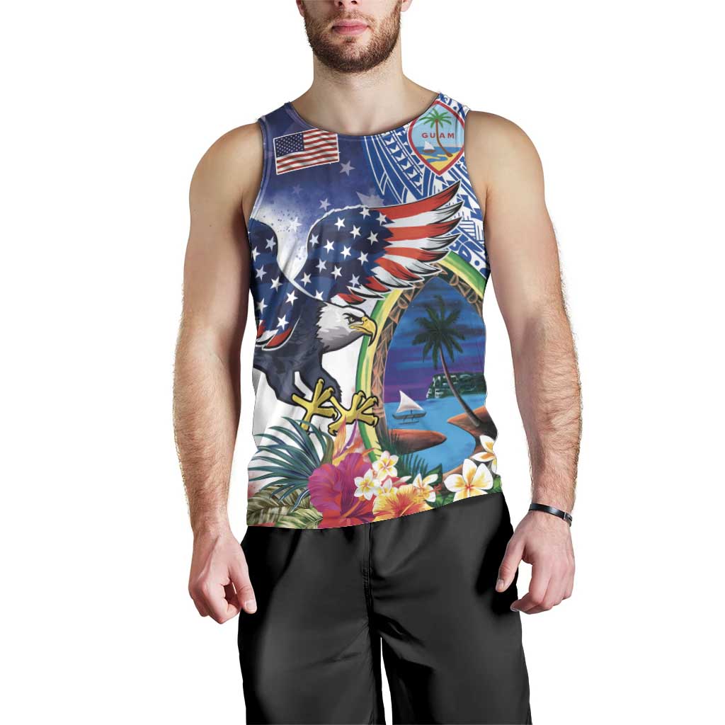Guam and United States Together Men Tank Top Bald Eagle and Guam Seal with Flower and Tribal Tattoos - Polynesian Pride
