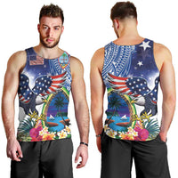 Guam and United States Together Men Tank Top Bald Eagle and Guam Seal with Flower and Tribal Tattoos - Polynesian Pride