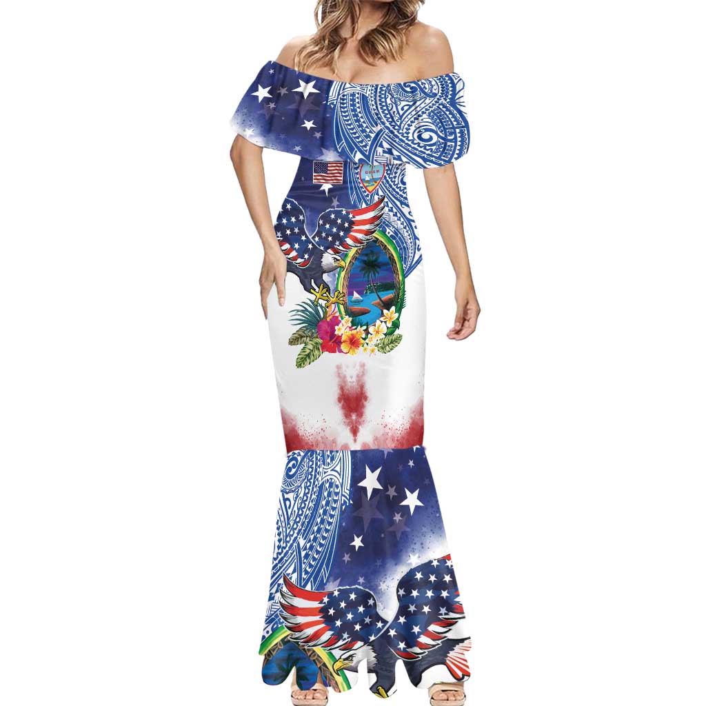 Guam and United States Together Mermaid Dress Bald Eagle and Guam Seal with Flower and Tribal Tattoos - Polynesian Pride
