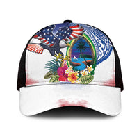 Guam and United States Together Mesh Trucker Cap Bald Eagle and Guam Seal with Flower and Tribal Tattoos - Polynesian Pride