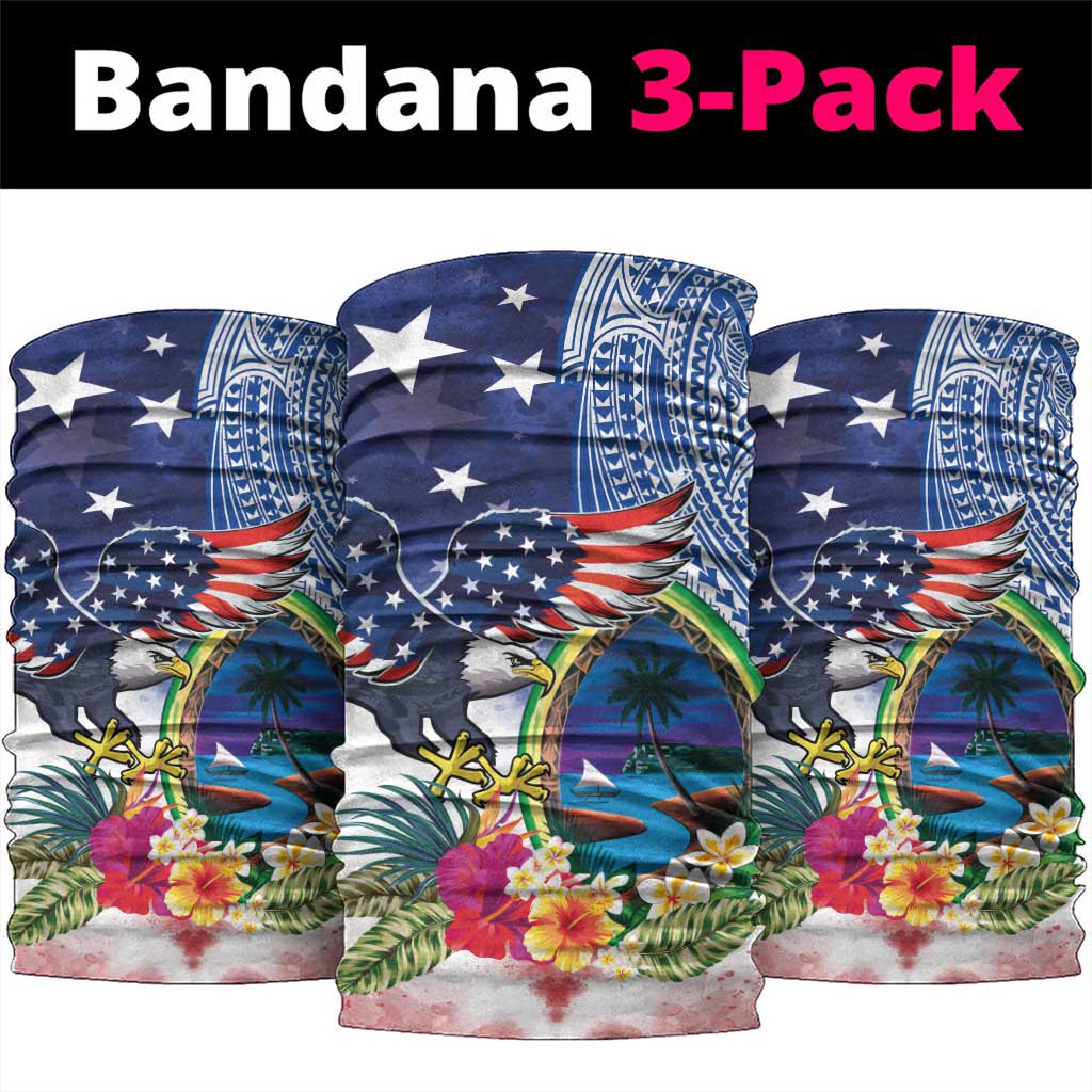 Guam and United States Together Neck Gaiter Bald Eagle and Guam Seal with Flower and Tribal Tattoos - Polynesian Pride