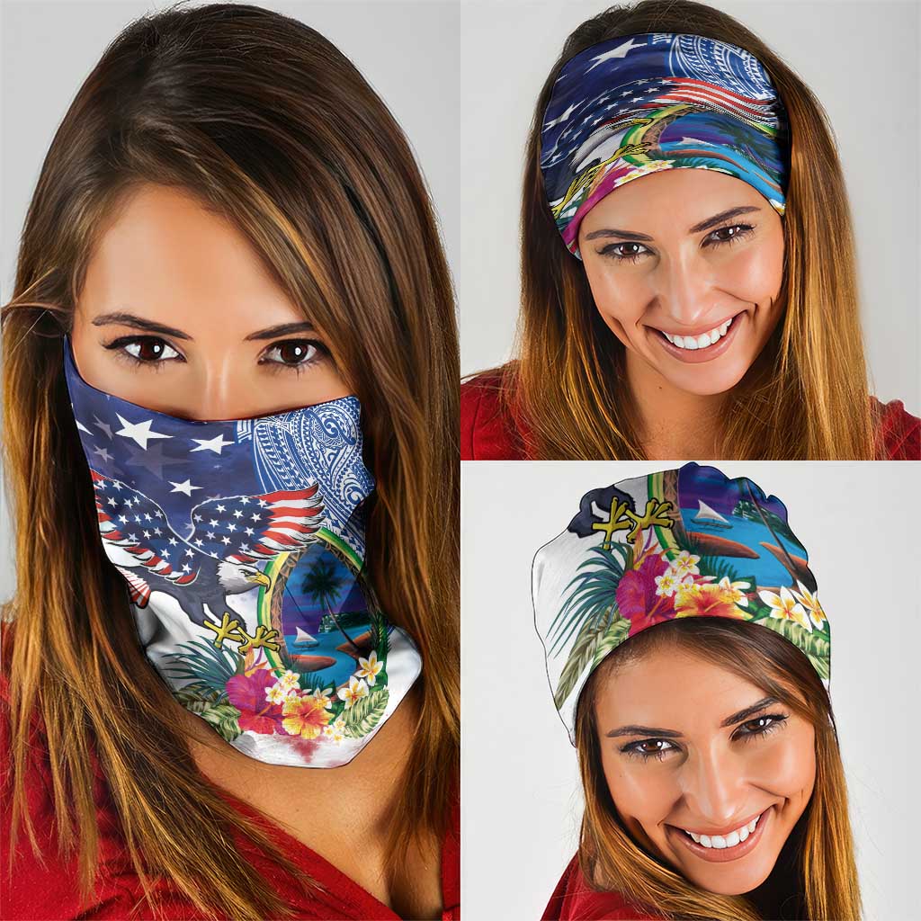 Guam and United States Together Neck Gaiter Bald Eagle and Guam Seal with Flower and Tribal Tattoos - Polynesian Pride