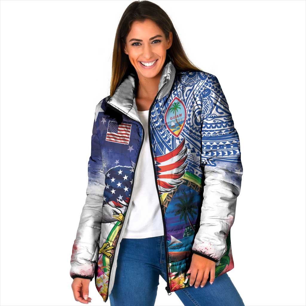 Guam and United States Together Padded Jacket Bald Eagle and Guam Seal with Flower and Tribal Tattoos - Polynesian Pride