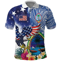 Guam and United States Together Polo Shirt Bald Eagle and Guam Seal with Flower and Tribal Tattoos - Polynesian Pride
