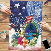Guam and United States Together Puzzle Bald Eagle and Guam Seal with Flower and Tribal Tattoos - Polynesian Pride