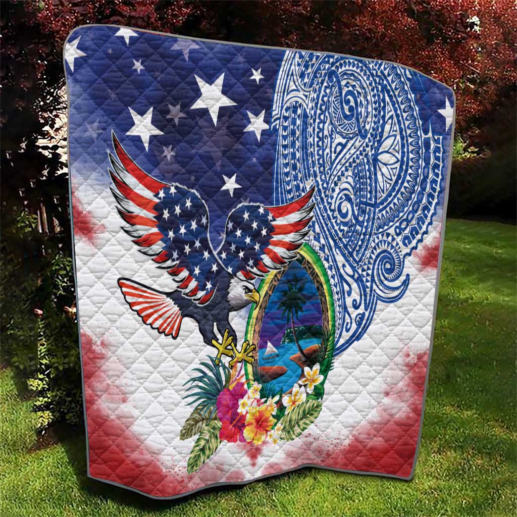 Guam and United States Together Quilt Bald Eagle and Guam Seal with Flower and Tribal Tattoos - Polynesian Pride