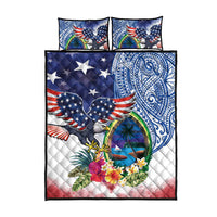 Guam and United States Together Quilt Bed Set Bald Eagle and Guam Seal with Flower and Tribal Tattoos - Polynesian Pride