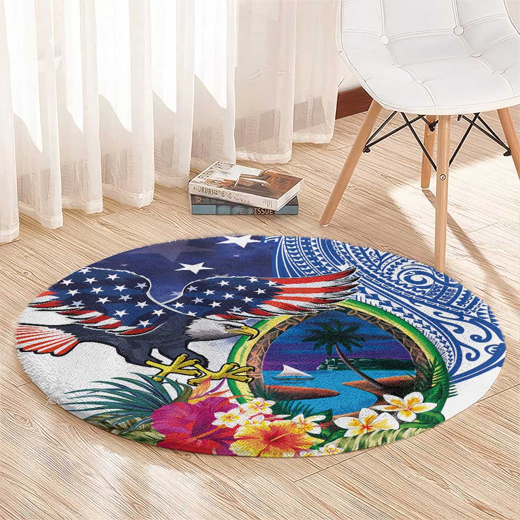 Guam and United States Together Round Carpet Bald Eagle and Guam Seal with Flower and Tribal Tattoos - Polynesian Pride