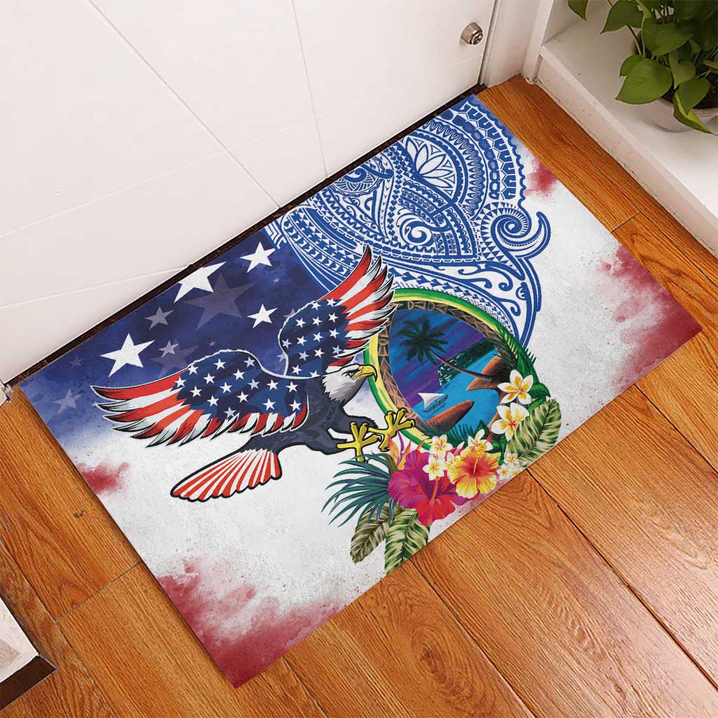 Guam and United States Together Rubber Doormat Bald Eagle and Guam Seal with Flower and Tribal Tattoos - Polynesian Pride